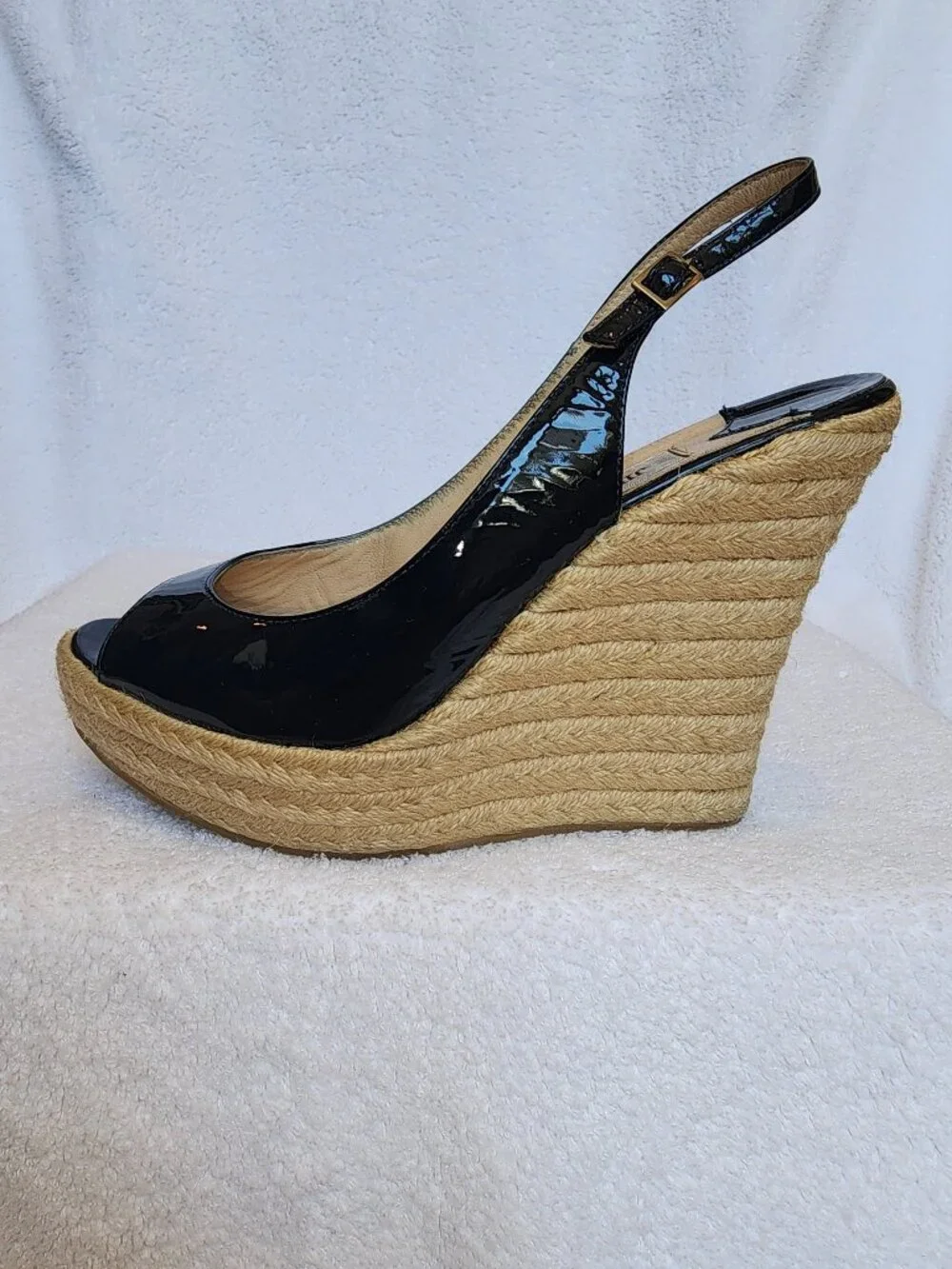 Jimmy Choo Navy Patent Leather Peep Toe Slingback Espadrille Platform Wedges